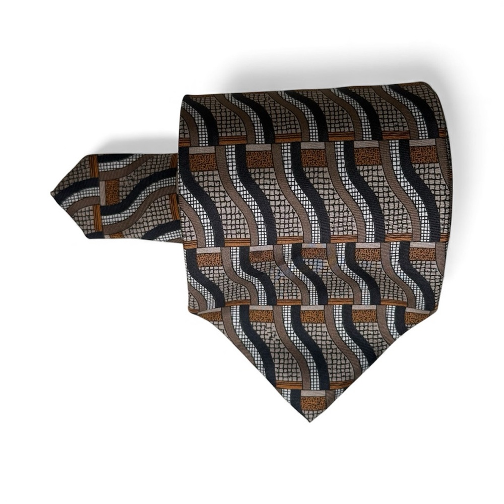 Stafford Black & Brown Geometric Silk Tie – Made in Italy – Men’s OS – EUC